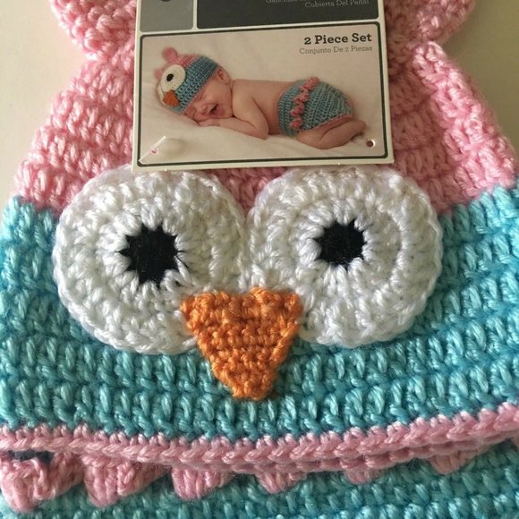 Hand Crocheted Hat And Diaper Cover Owl Sz 0-9 Months Infant Baby Photo New - Picture 2 of 12